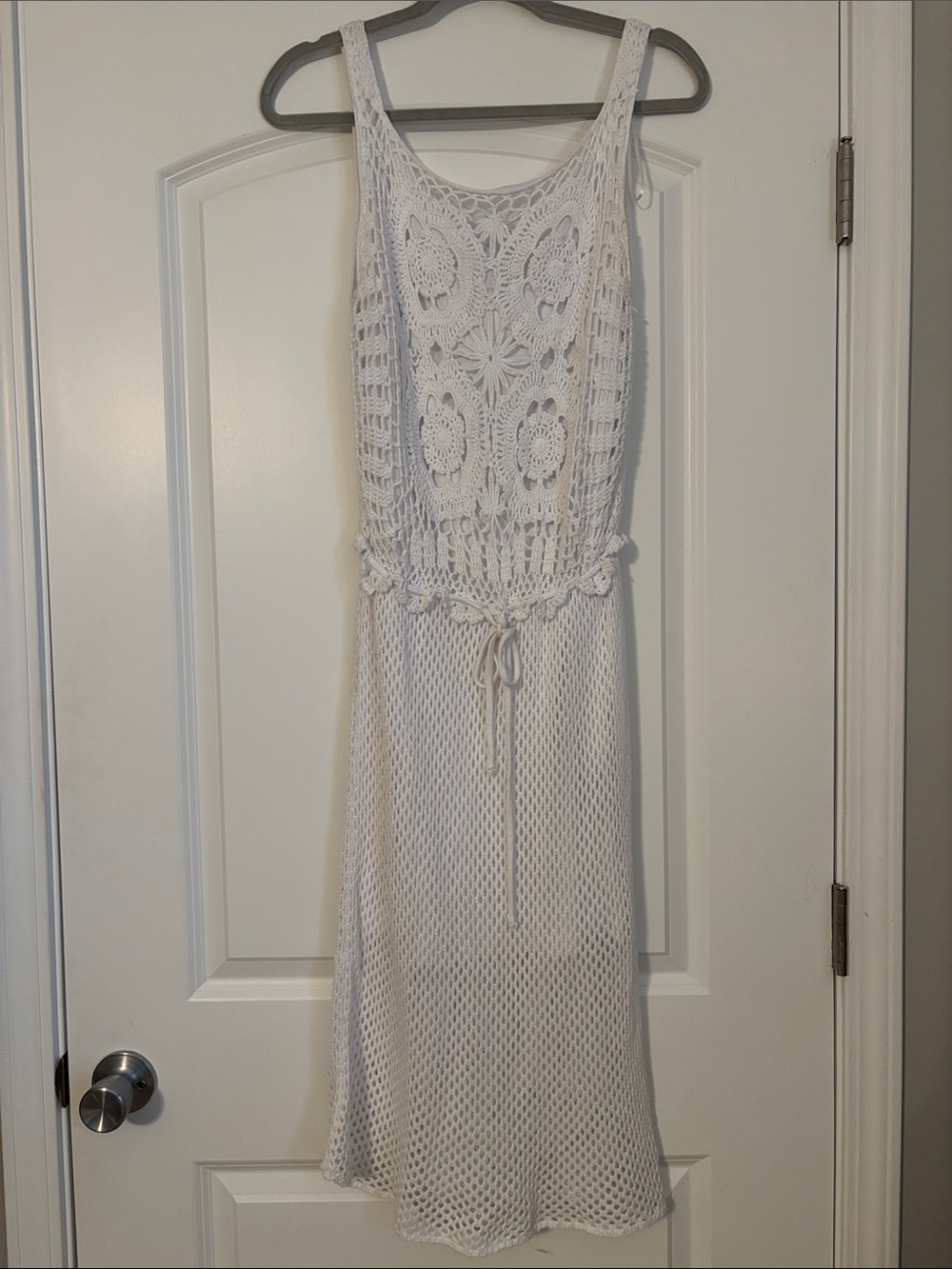 White Crochet Midi Dress with Tie Waist